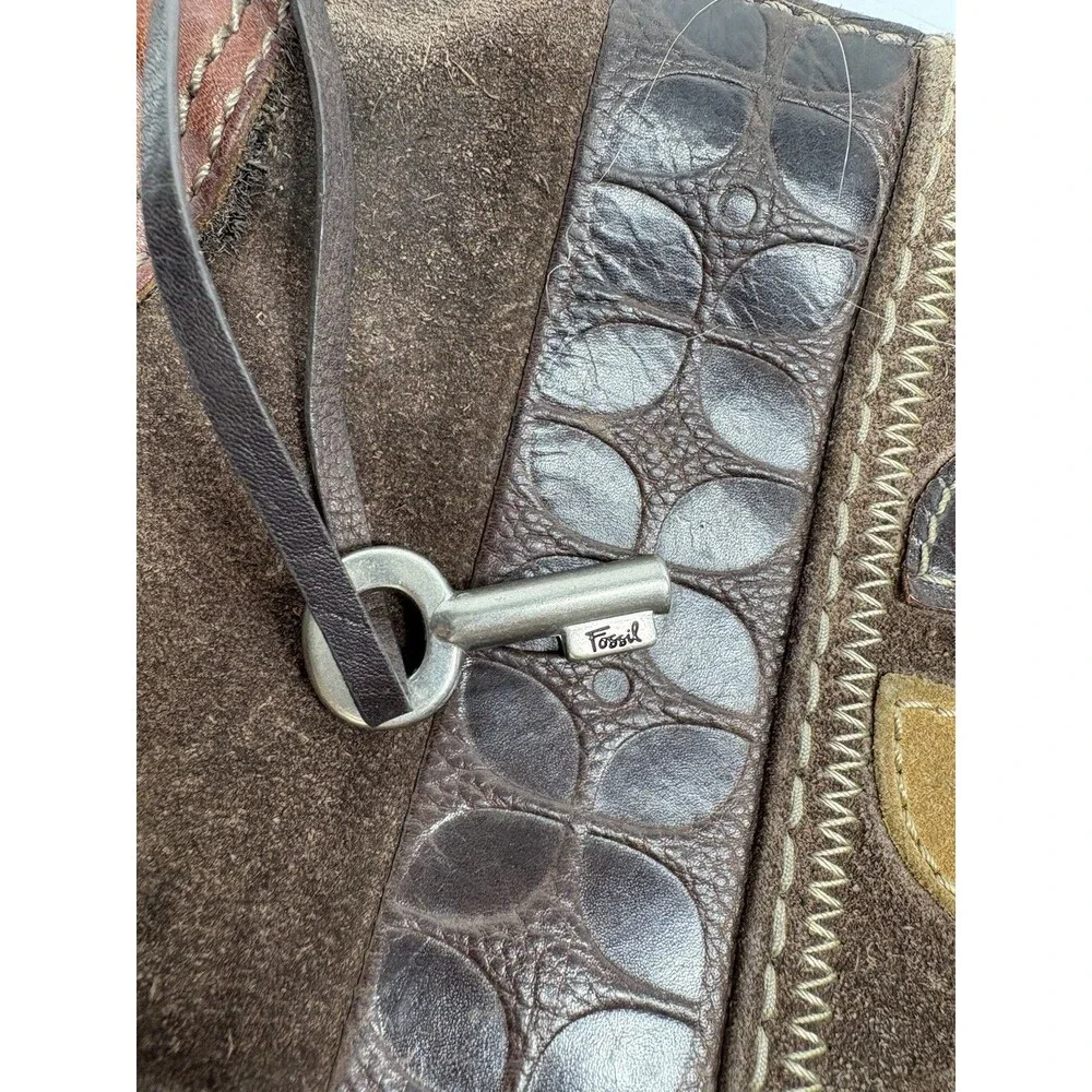 Fossil Women's Brown Suede Leather Solid Hobo Shoulder Handbags Purse One Size
